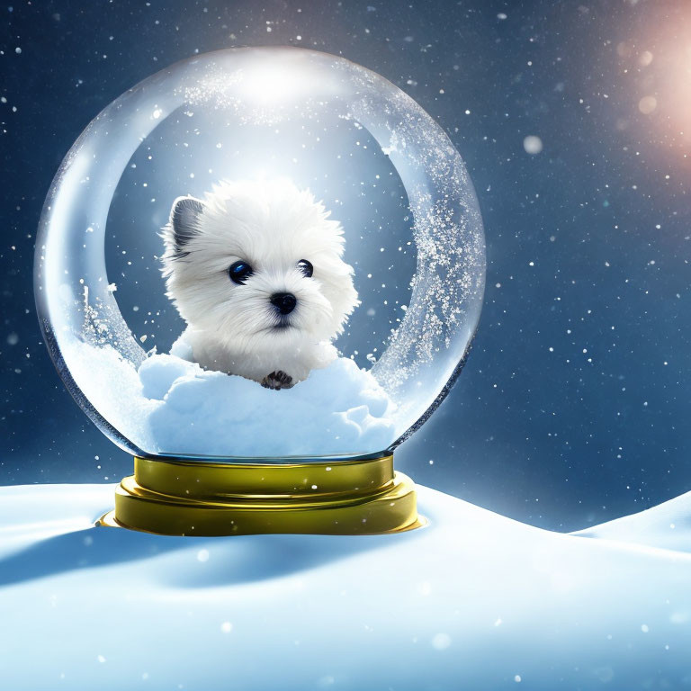 White Puppy Snow Globe on Snowy Background