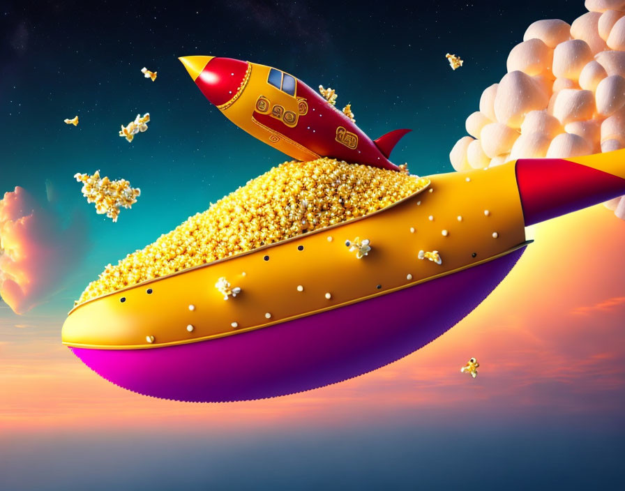 Colorful Rocket Corn Cob Flying Through Starry Sky with Popcorn Kernels