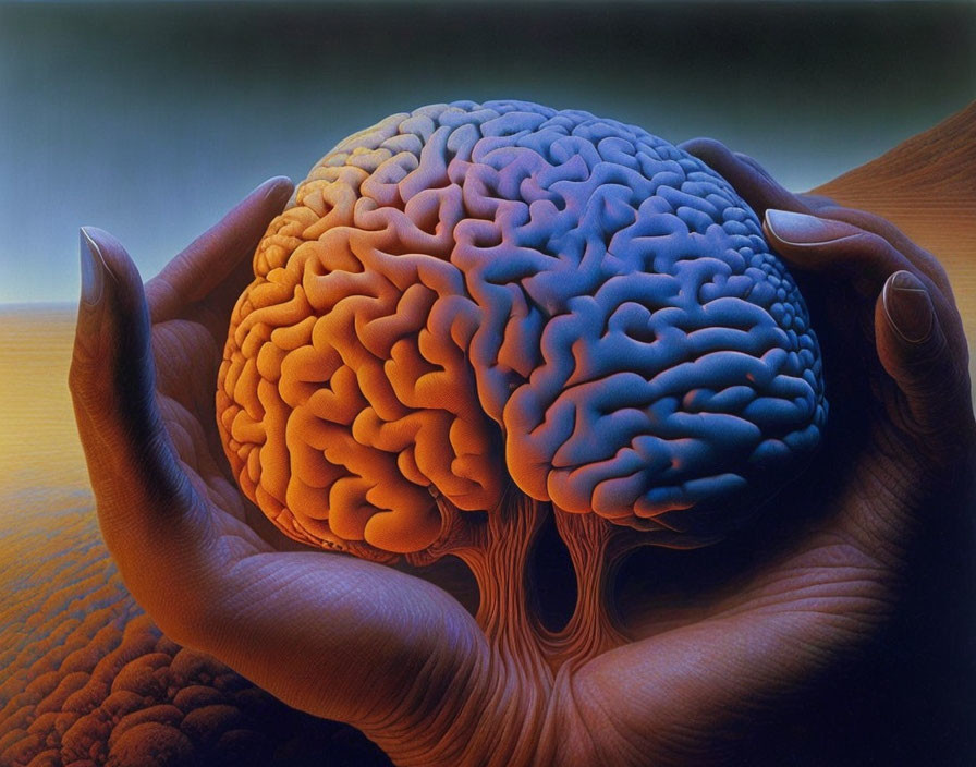 Detailed illustration: Hands cradle large human brain on abstract warm backdrop