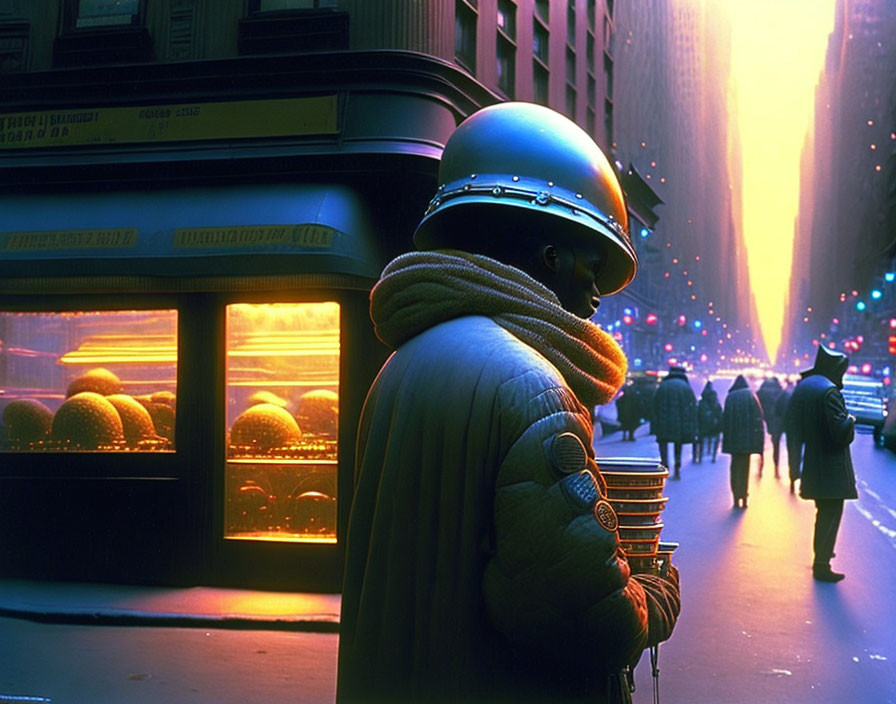 Police officer overseeing pedestrians near bakery at dusk.