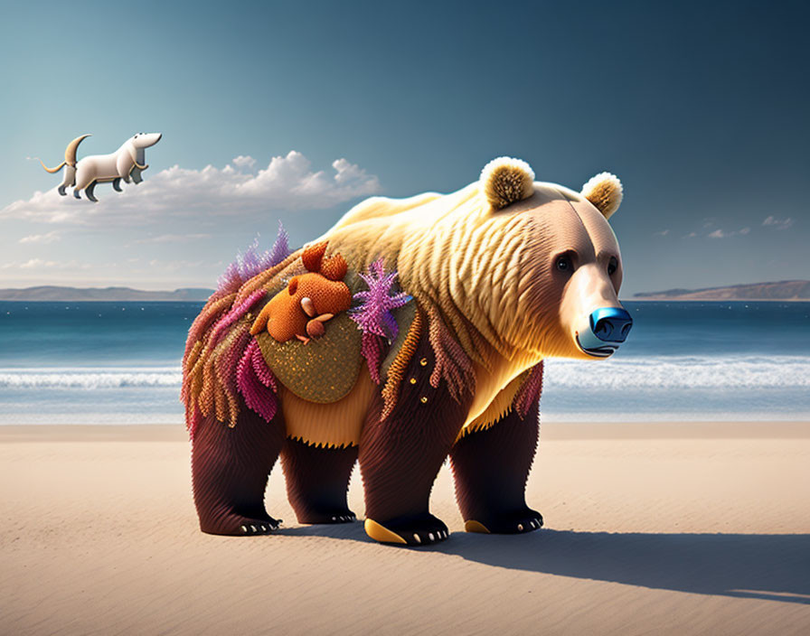 Surreal image: Bear with sea anemones on beach, flying elephant above