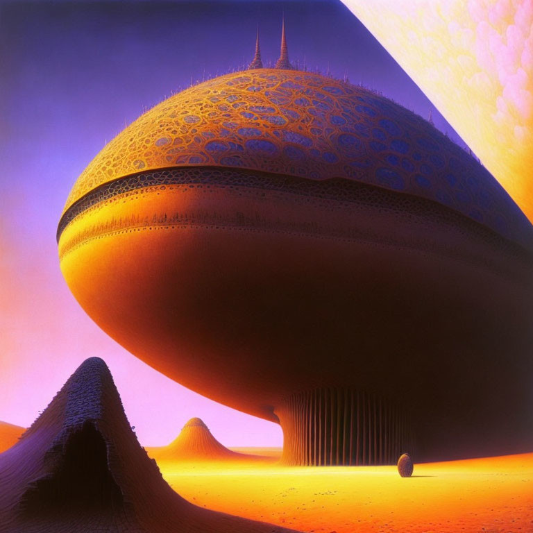 Ornate floating spherical structure above desert dunes at sunset or sunrise