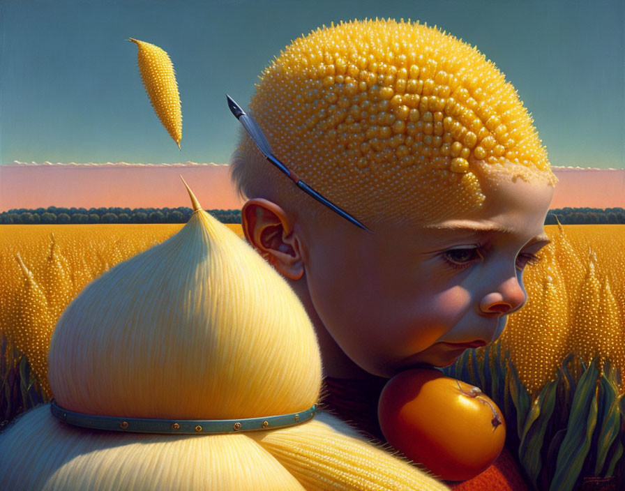 Surreal artwork: child with corn hair, onion cap, pear in cornfield