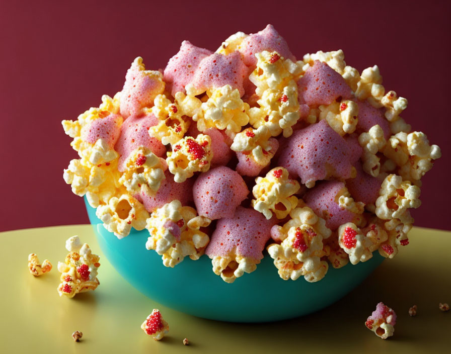 Fluffy pink cotton candy and buttery popcorn in a bowl on maroon backdrop