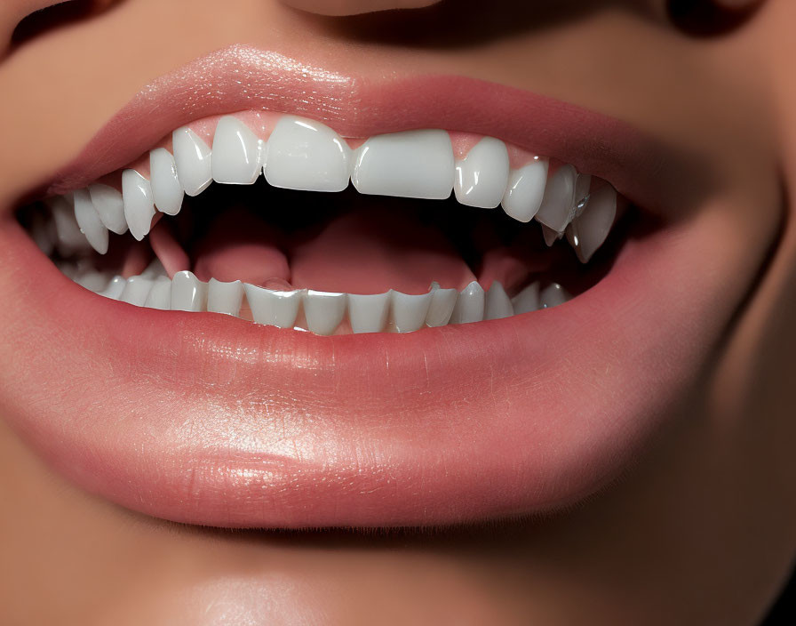 Detailed view of healthy white teeth and glossy lips.