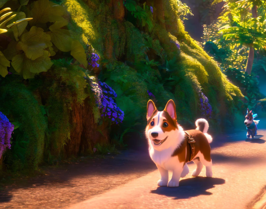 Two animated corgis walking in forest setting with lush greenery