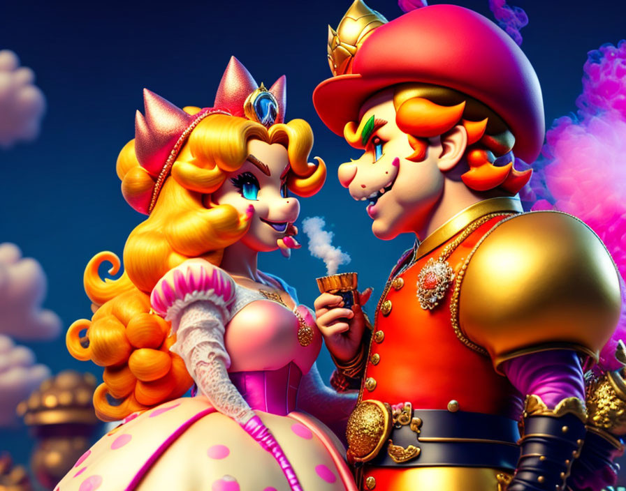 Stylized 3D Princess Peach and Mario in regal attire with smoking pipe