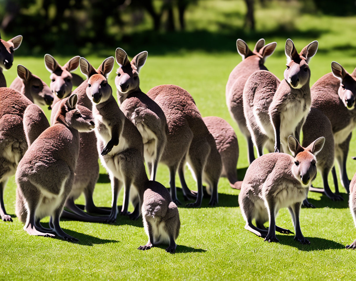 Group of Kangaroos Standing on Green Grass in Bright Daylight