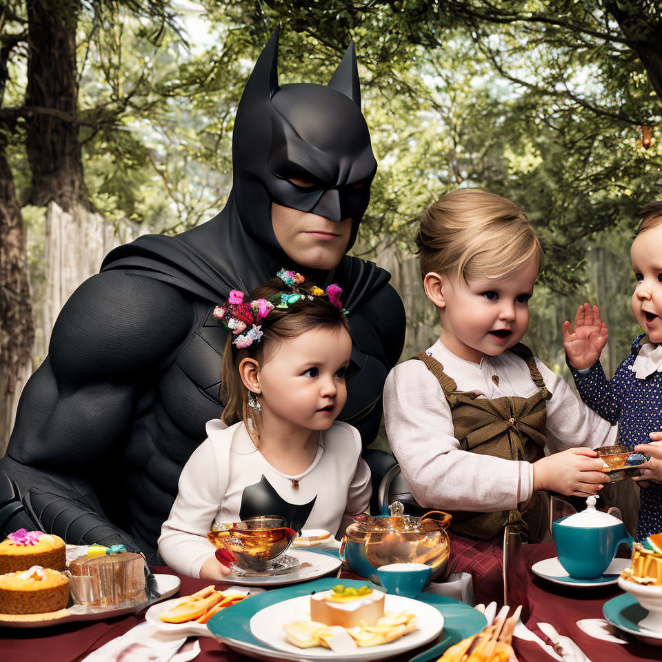 Person in Batman costume at tea party with children in garden setting