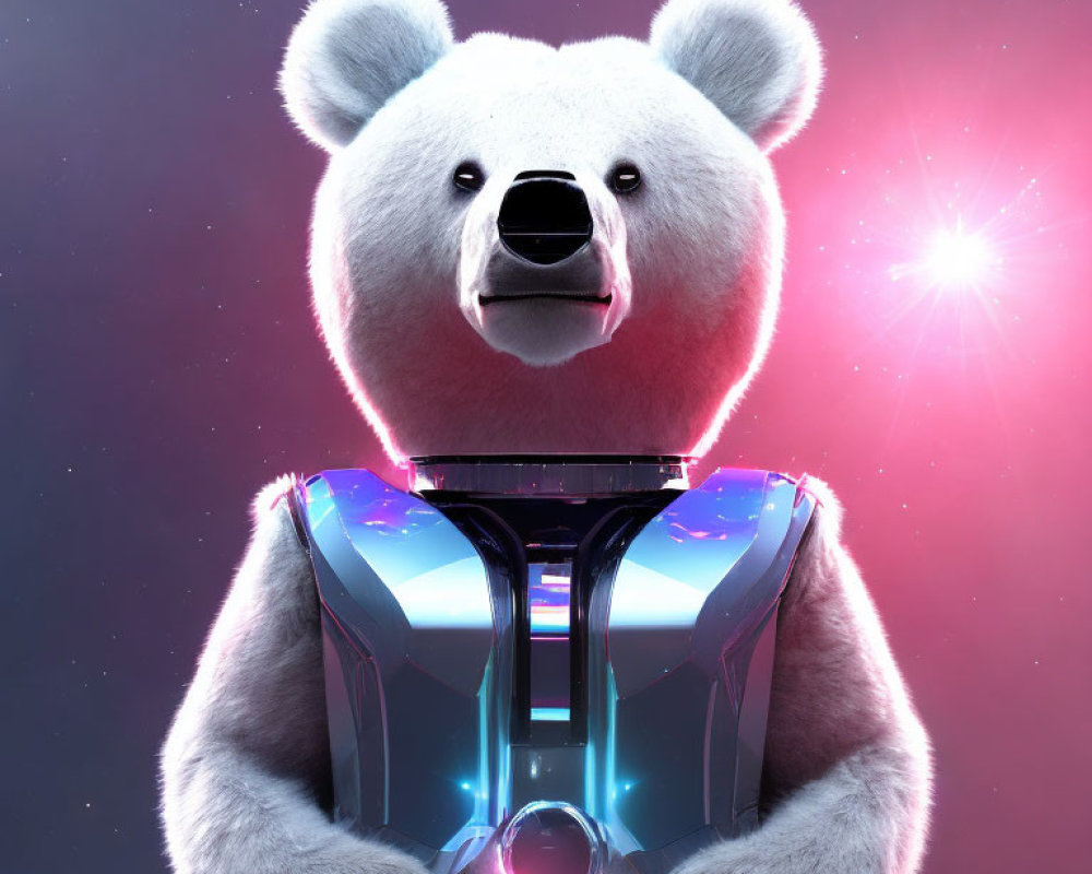 Robotic koala with device in cosmic background