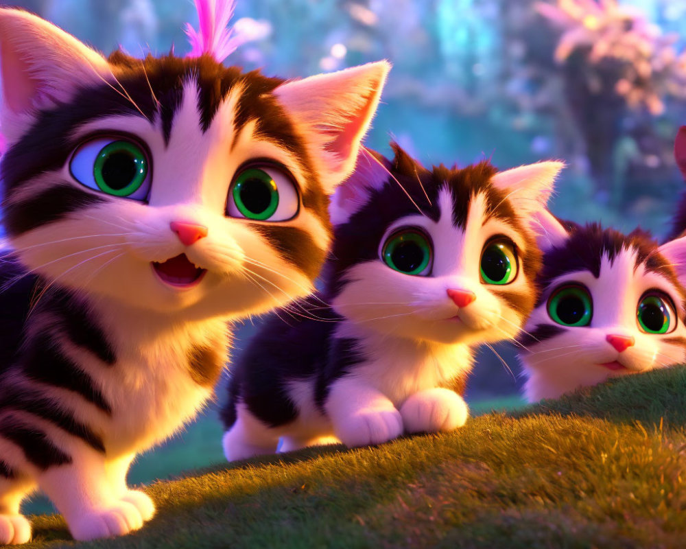 Four Animated Kittens with Large Green Eyes in Colorful Garden Setting