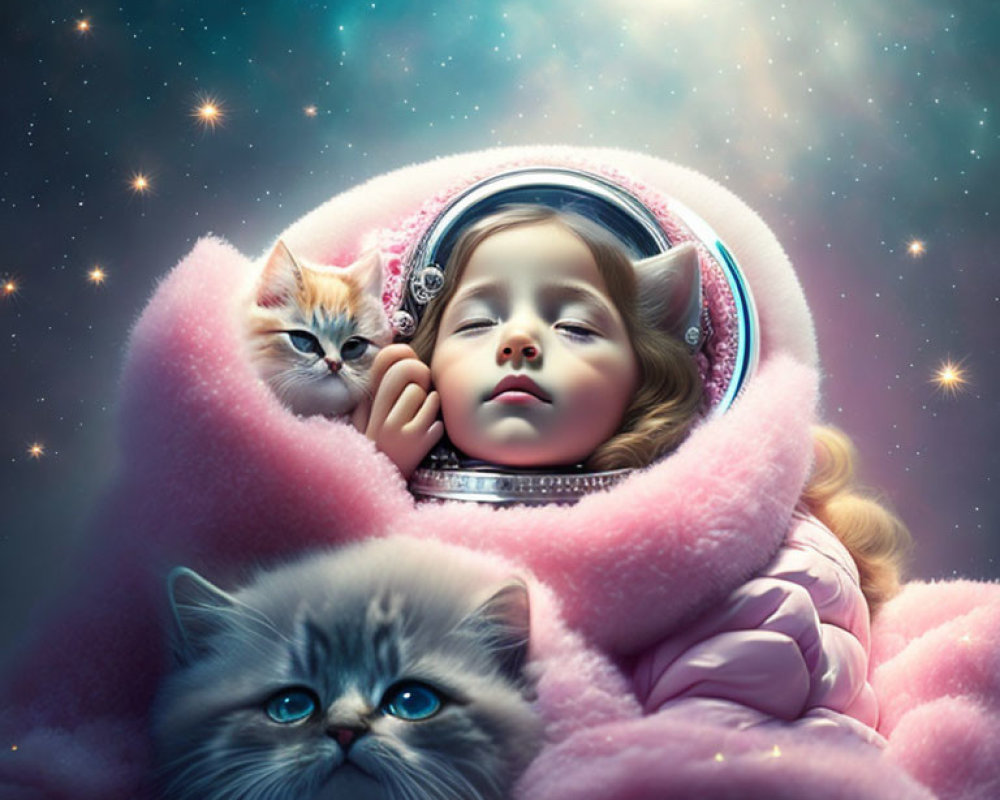 Young girl in spacesuit with kittens floating in cosmic space