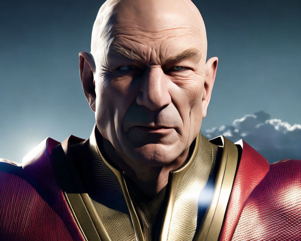 Realistic 3D Rendering of Bald Male Figure in Red and Gold Costume