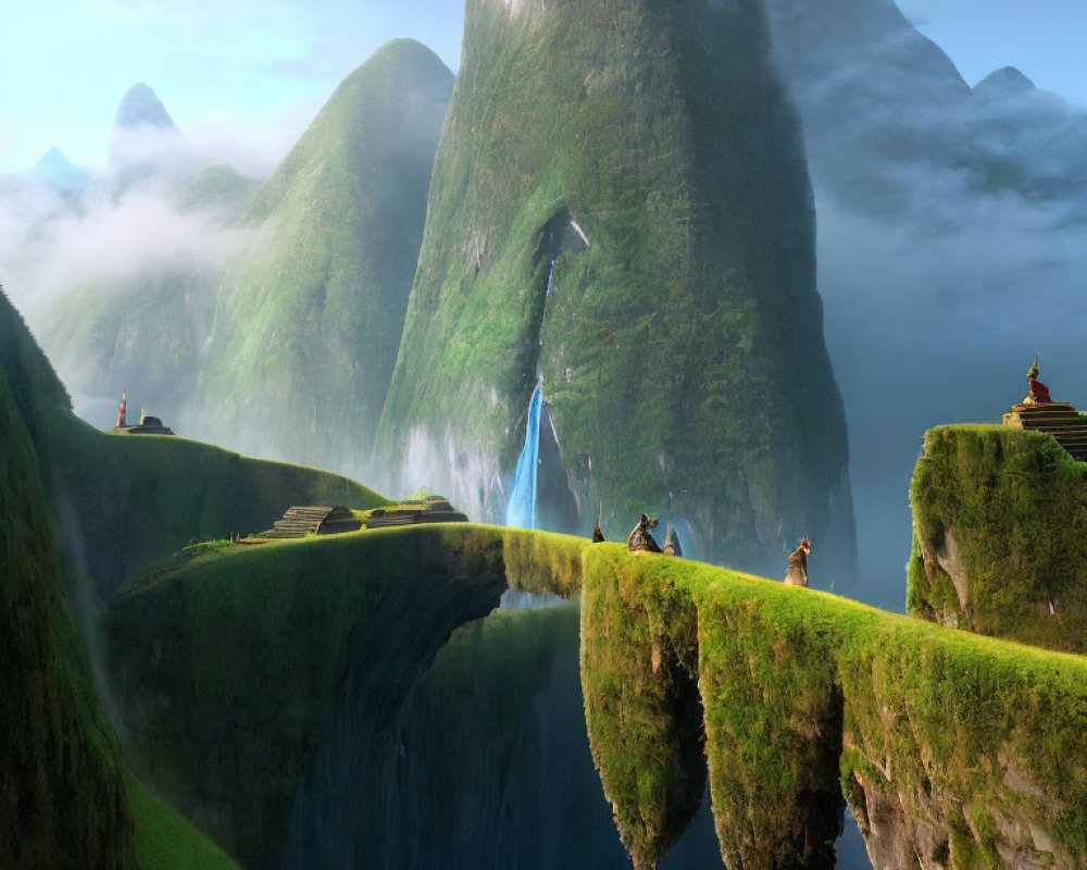 Tranquil landscape with green cliffs, waterfalls, misty peaks, temples, and bridges.