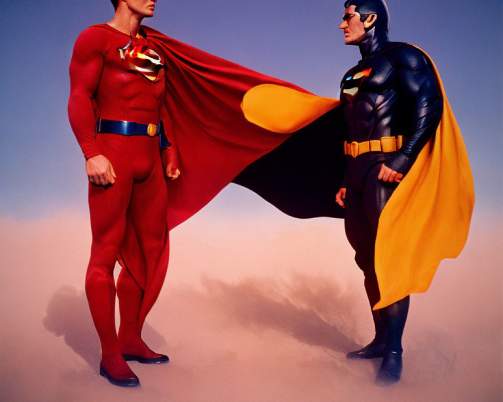 Superman and Batman in superhero costumes against purple clouds