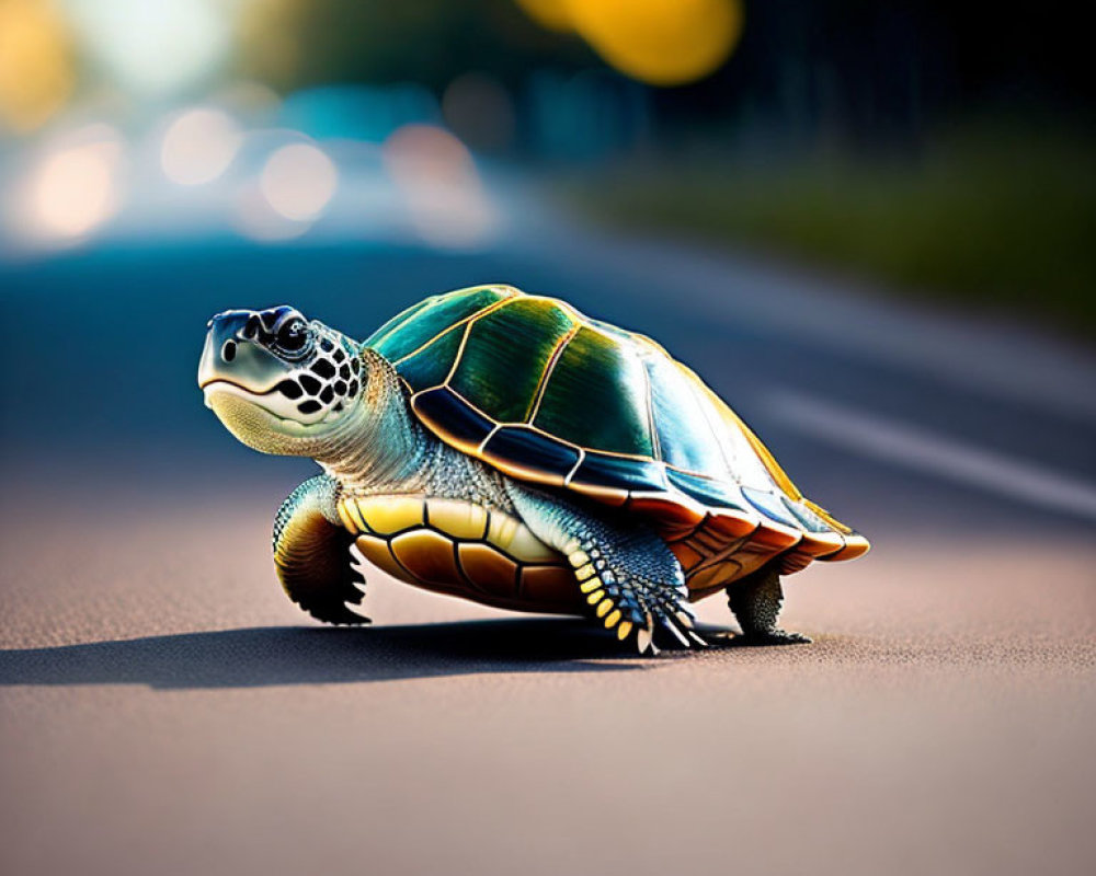 Sunlit road with turtle, blurred greenery, and car lights.