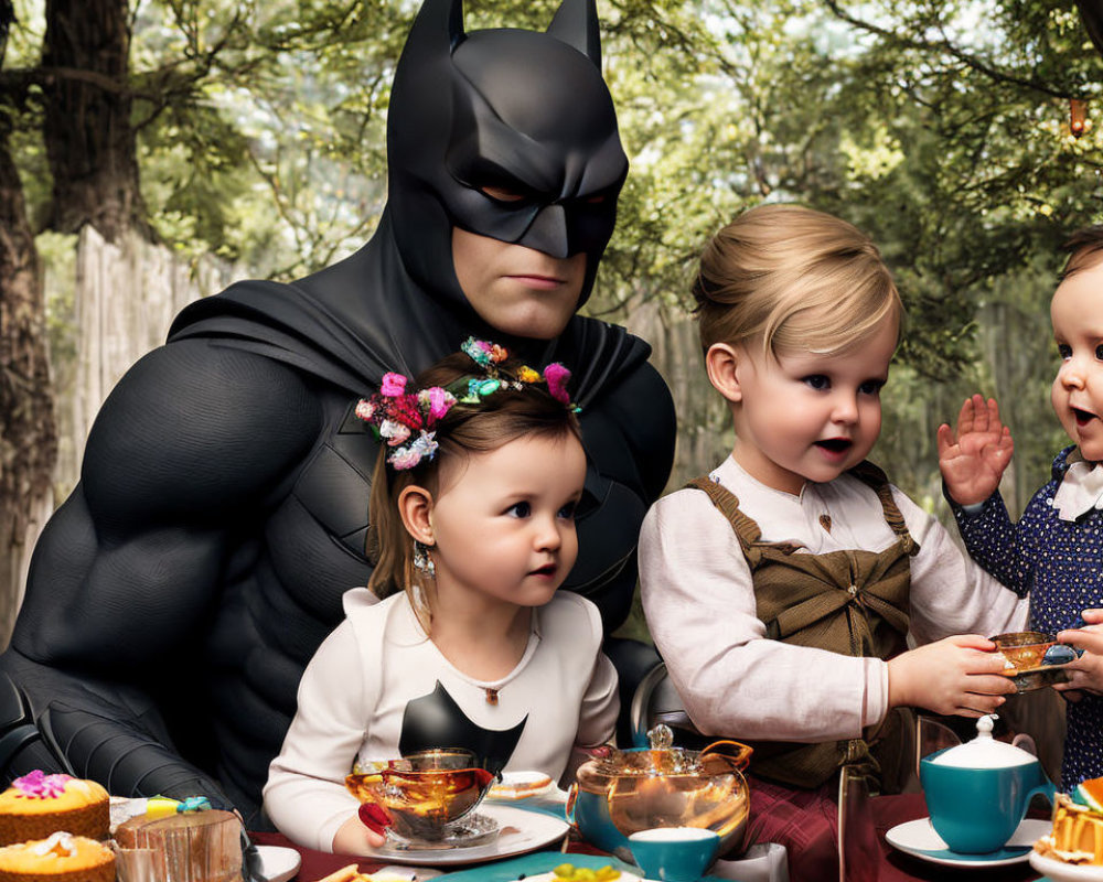 Person in Batman costume at tea party with children in garden setting