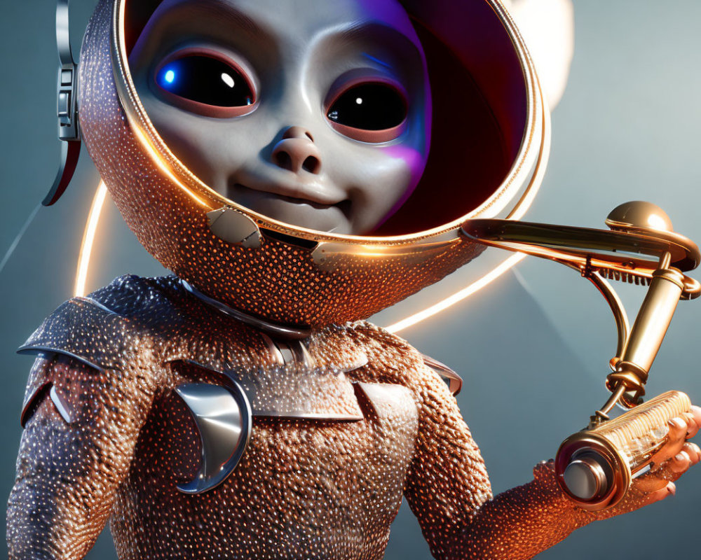 Smiling astronaut character with shiny suit and trumpet