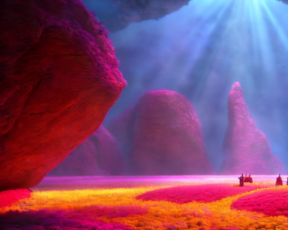 Vibrant pink and orange flora in fantasy landscape