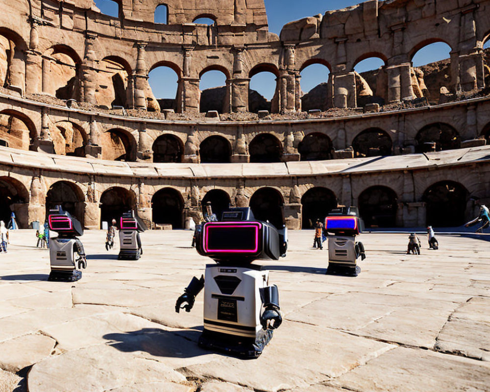 Robotic figures at Colosseum under clear sky