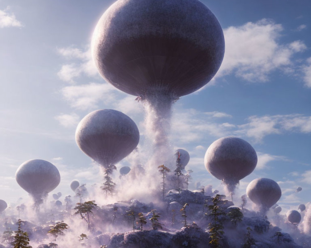 Misty forest with spherical structures under blue sky