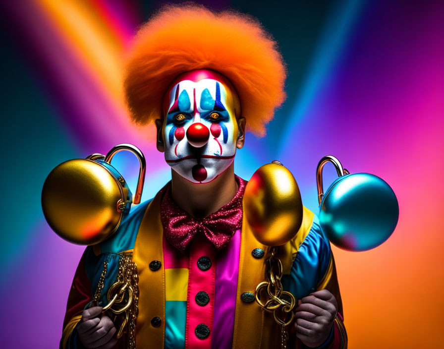 Colorful clown with juggling pins in vibrant costume against bright background