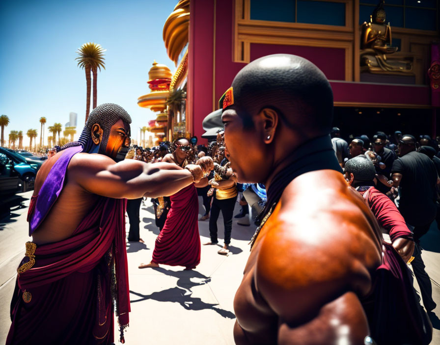 Dramatic face-off between two men with crowd in background