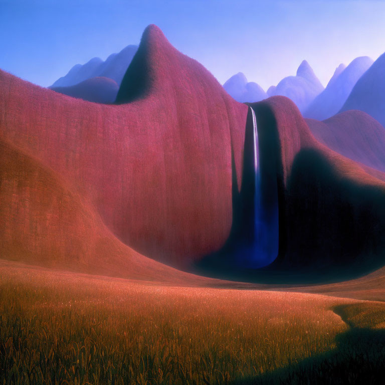 Vivid pink and purple surreal landscape with hills, waterfall, and mountain.