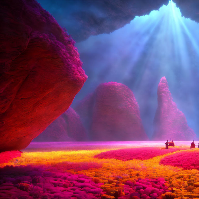 Vibrant pink and orange flora in fantasy landscape