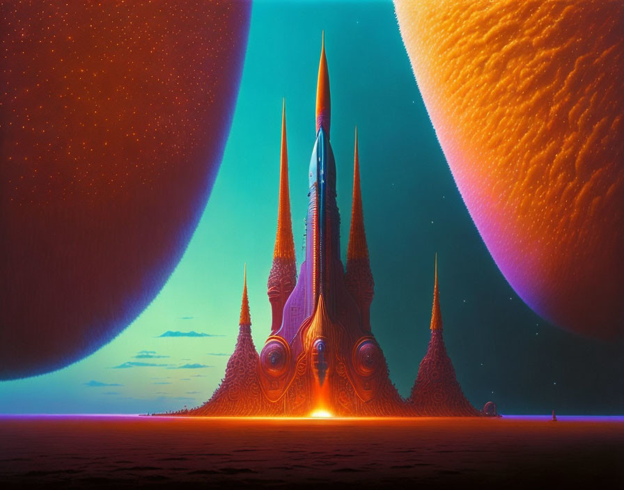 Futuristic orange spired structure in neon-lit alien landscape