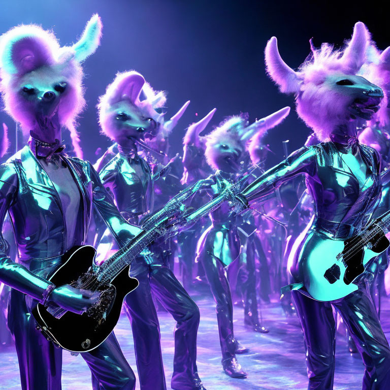 Musicians in Illuminated Animal Head Suits on Purple Stage