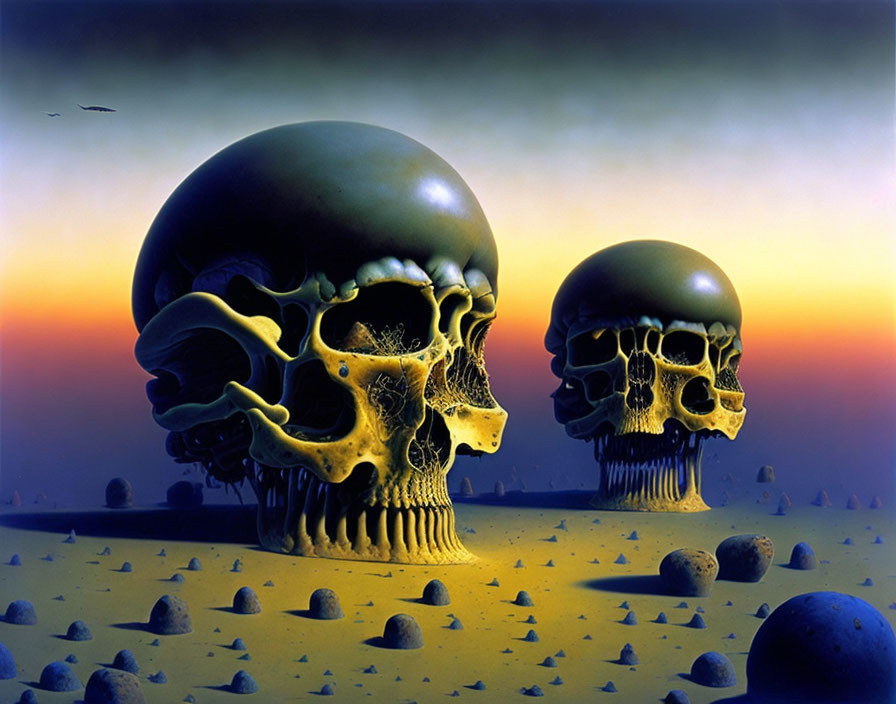 Surreal skulls with elongated features against dusky sky