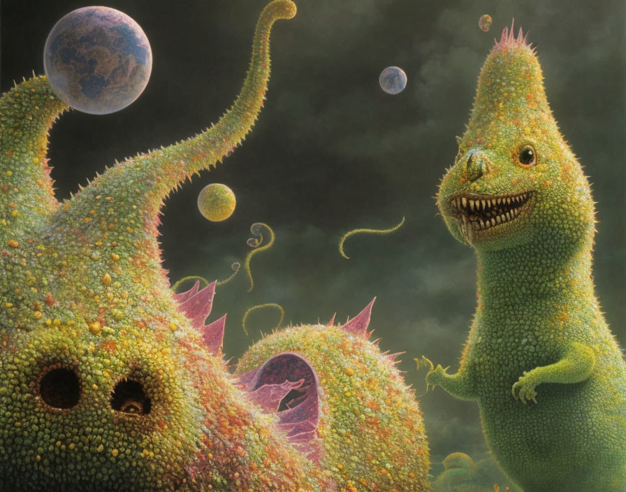 Colorful illustration of smiling green reptilian creature on alien planet.