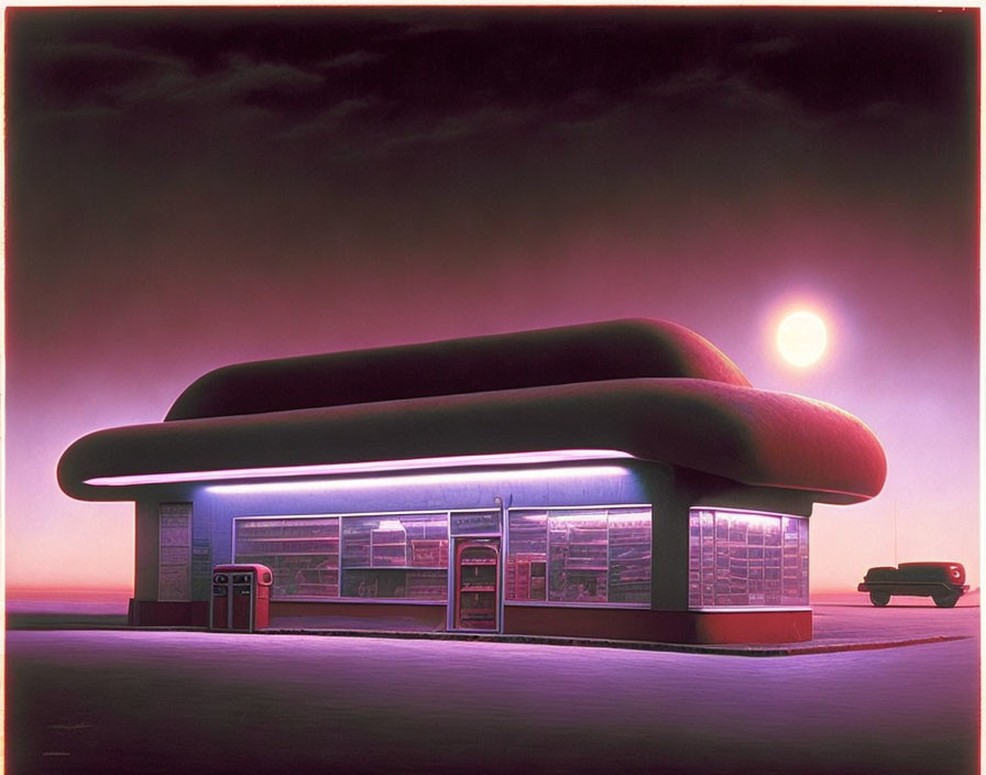 Retro-futuristic gas station with neon lights at dusk