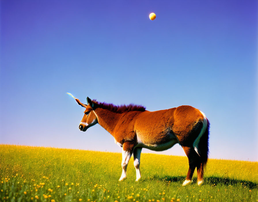 Brown unicorn with white horn in sunny field with ball under blue sky