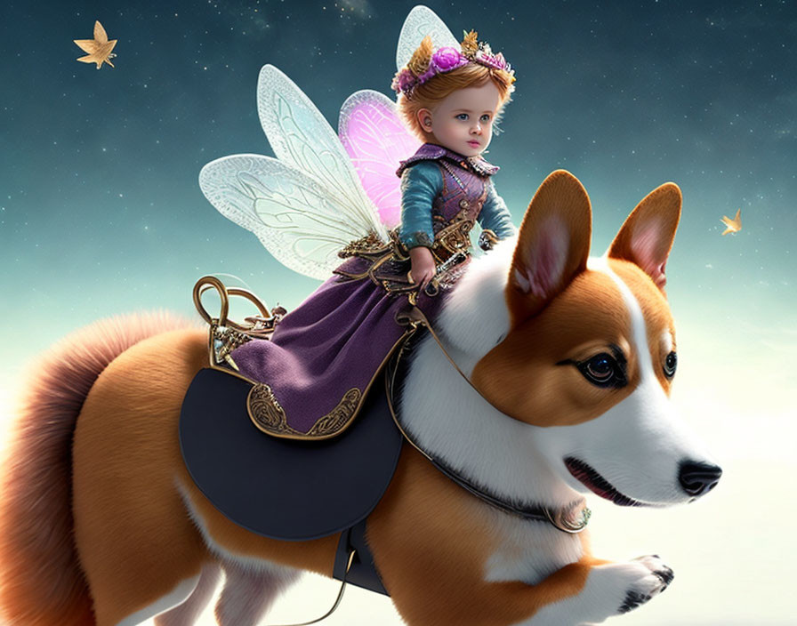 Toddler with fairy wings rides Corgi in fantasy scene