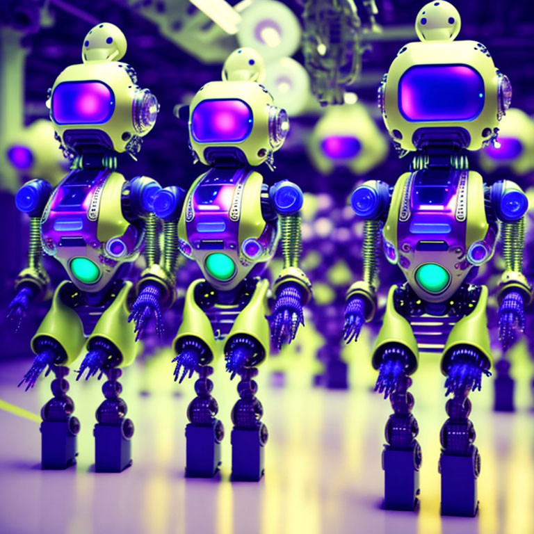 Stylized humanoid robots in green and purple colors in futuristic scene