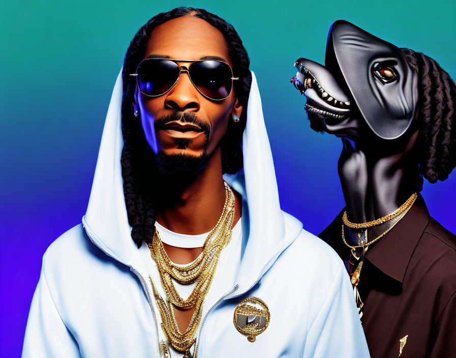 Man in Sunglasses and Hoodie with Gold Chains Beside Stylized Dog in Sunglasses and