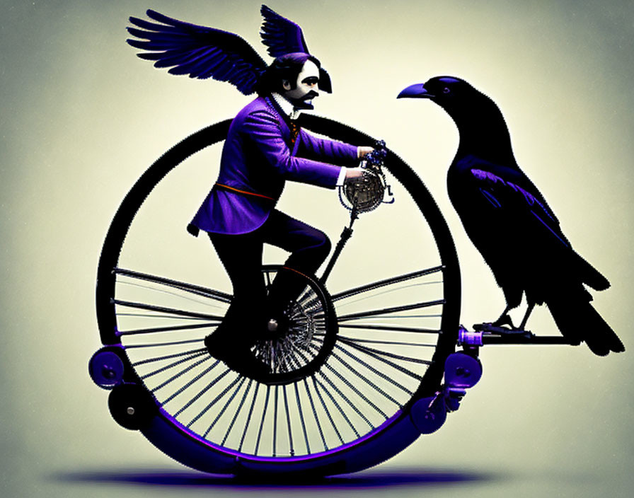 Man with wings on penny-farthing bicycle with raven