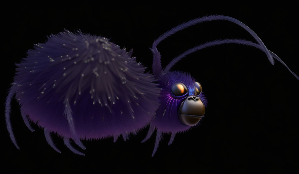 Fluffy Purple Creature with Glossy Eyes and Long Antennae on Dark Background