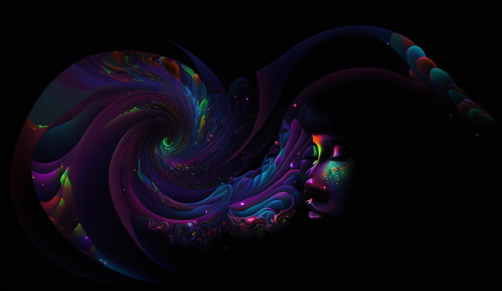 Vibrant digital artwork: Woman's silhouette against swirling fractal background