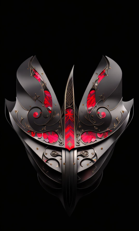 Stylized graphic of gold and red samurai helmet on black background