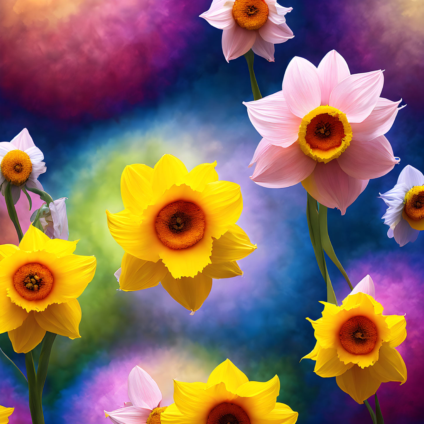 Colorful digital artwork featuring daffodils and pink flowers on a cloud-like backdrop