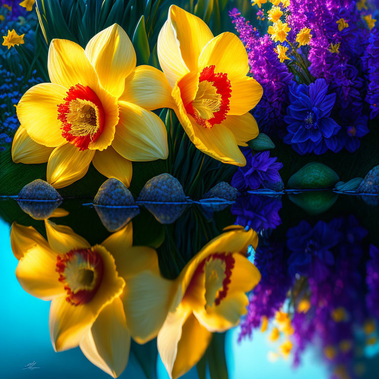 Vibrant yellow and red flowers with purple blooms reflected in water