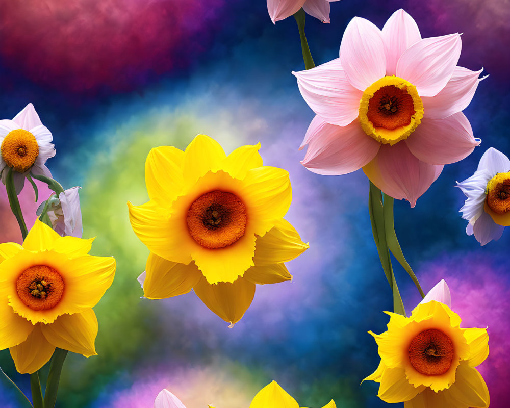Colorful digital artwork featuring daffodils and pink flowers on a cloud-like backdrop