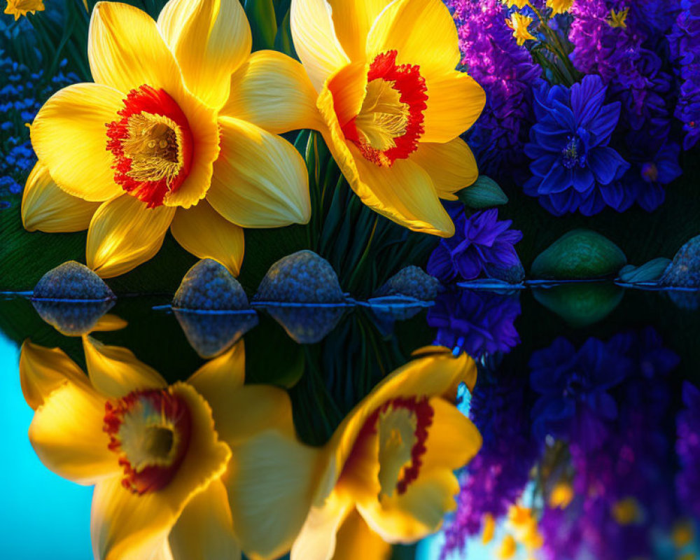 Vibrant yellow and red flowers with purple blooms reflected in water