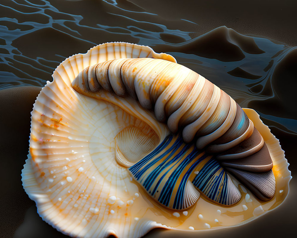 Intricately Patterned Seashell on Wet Surface with Water Ripples