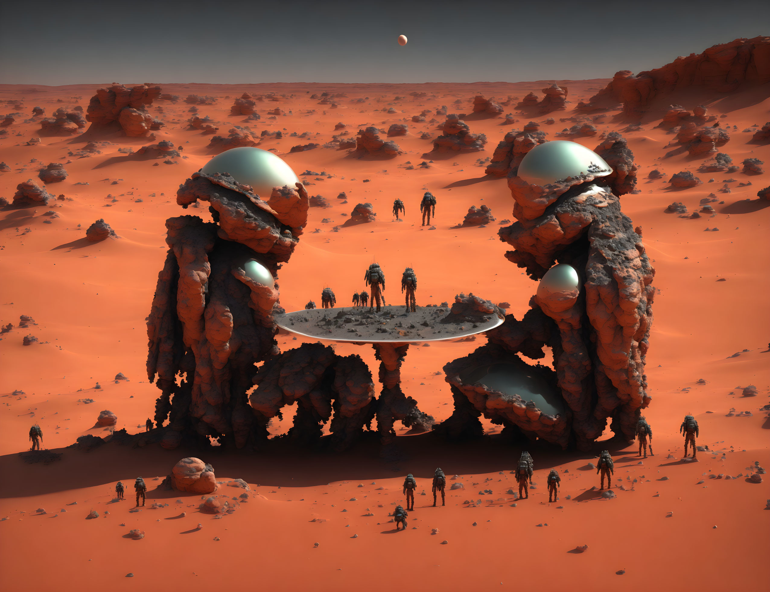 Surreal Martian landscape with human figures and metallic orbs