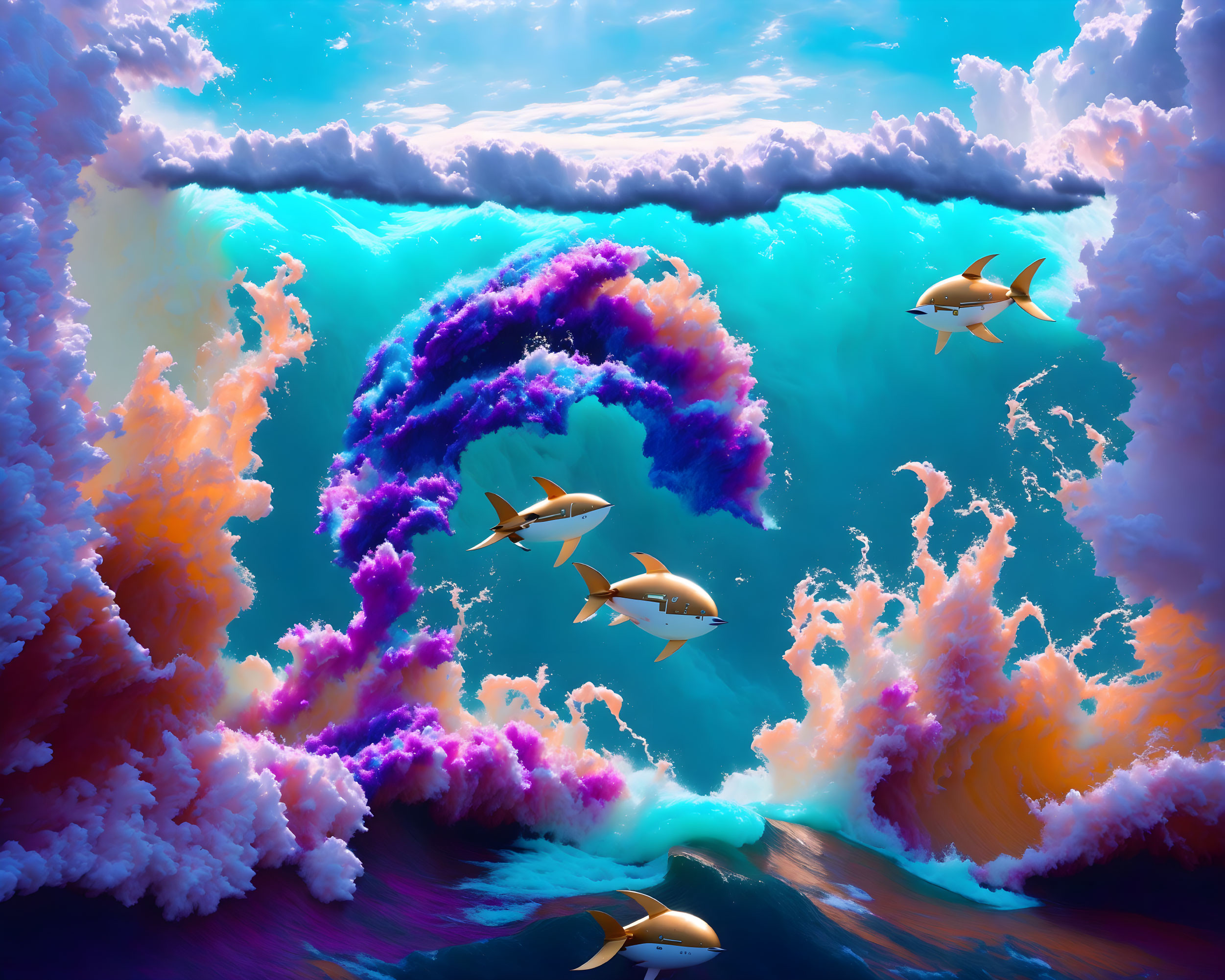 Vibrant pink and purple spiral wave in surreal ocean scene