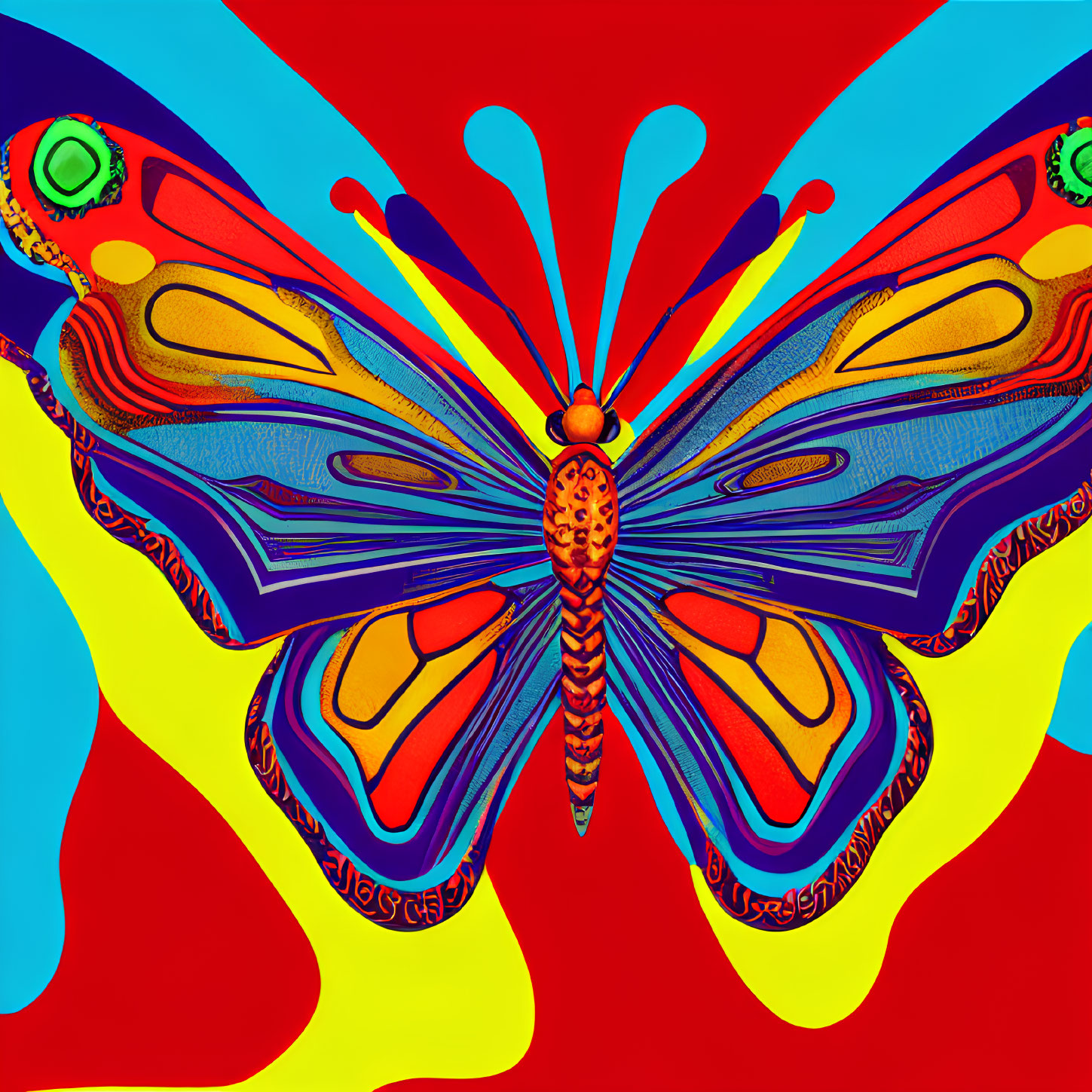 Colorful Psychedelic Butterfly Illustration on Bright Background